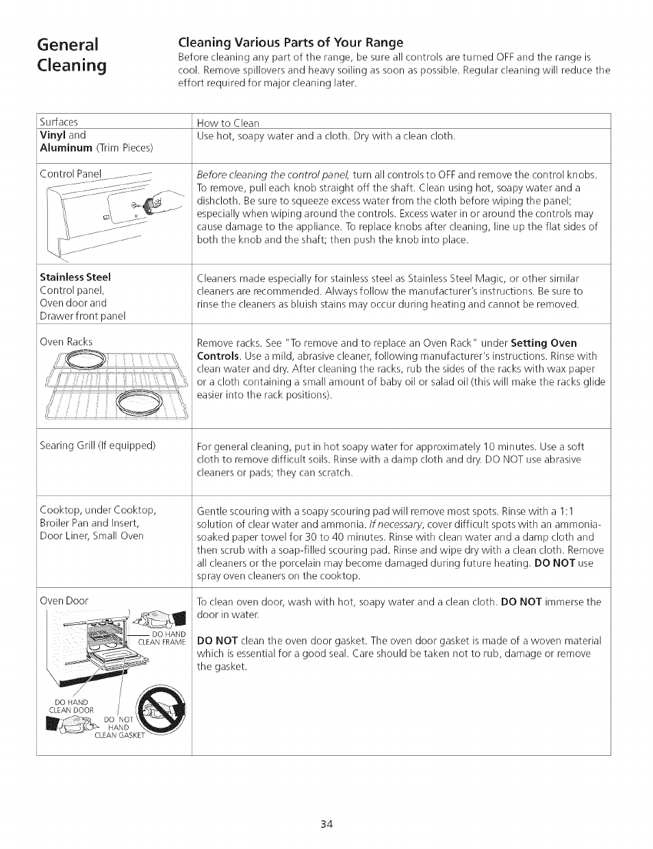 Cleaning various parts of your range, General cleaning | Kenmore 790.75503 User Manual | Page 34 / 76