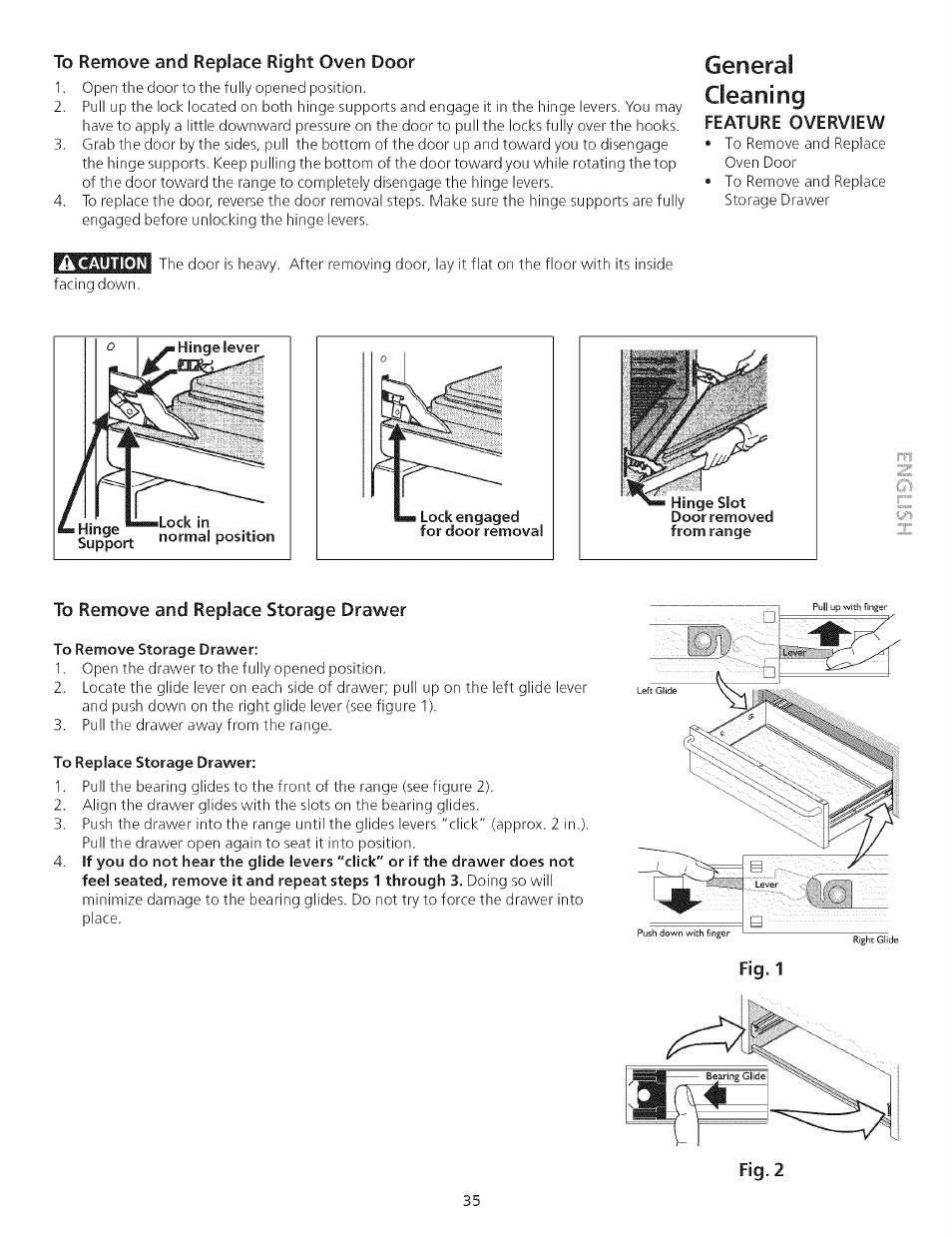 To remove and replace right oven door, To remove and replace storage drawer, To remove storage drawer | To replace storage drawer, General cleaning | Kenmore 790.75503 User Manual | Page 35 / 76