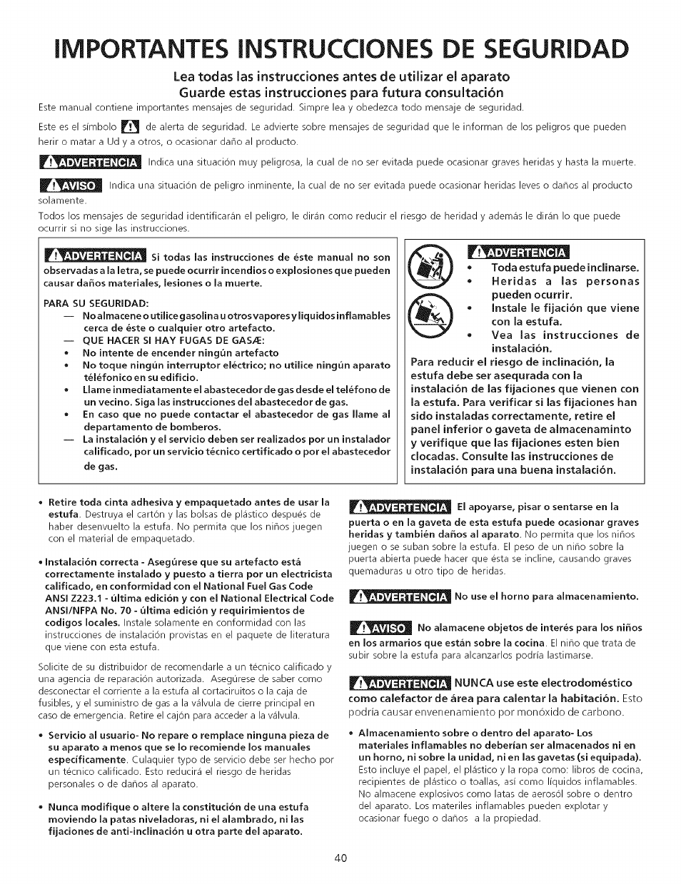 Importantes instrucciones de seguridad | Kenmore 790.75503 User Manual | Page 40 / 76