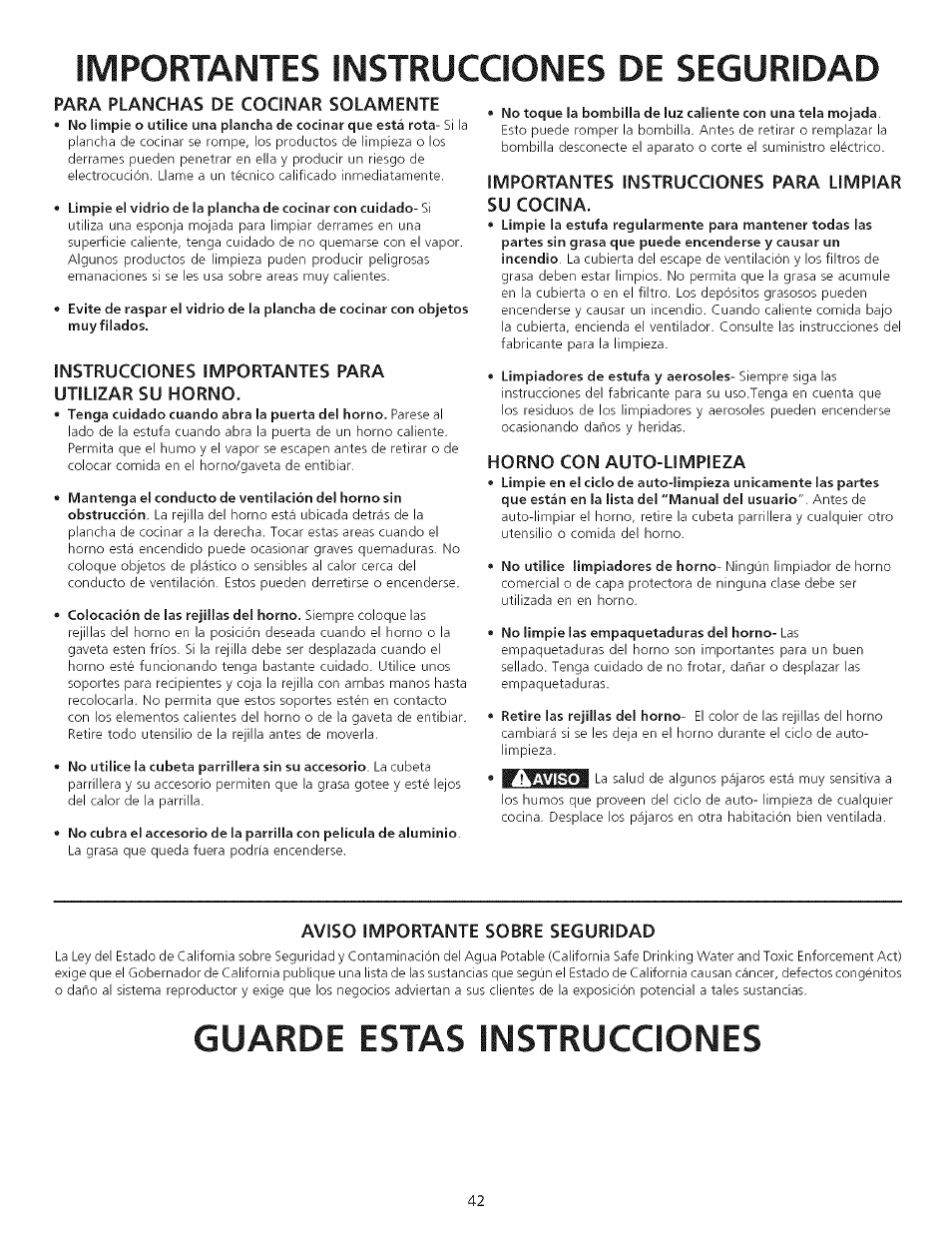 Instrucciones importantes para utilizar su horno, Importantes instrucciones para limpiar su cocina, Horno con auto-limpieza | Aviso importante sobre seguridad, Guarde estas instrucciones, Importantes instrucciones de seguridad, Para planchas de cocinar solamente | Kenmore 790.75503 User Manual | Page 42 / 76