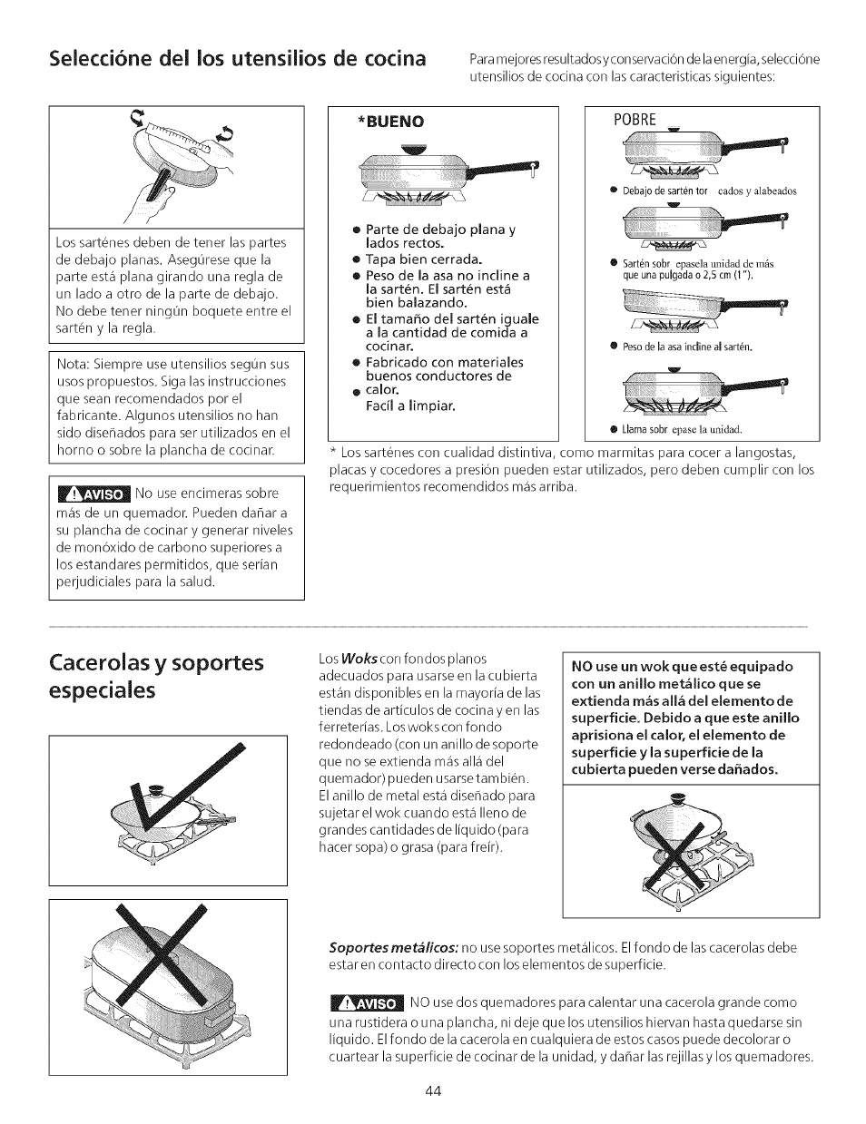 Seleccione del los otensilios de cocina, Iáaviso, Selección de los utensilios de cocina | Cacerolas y soportes especiales | Kenmore 790.75503 User Manual | Page 44 / 76