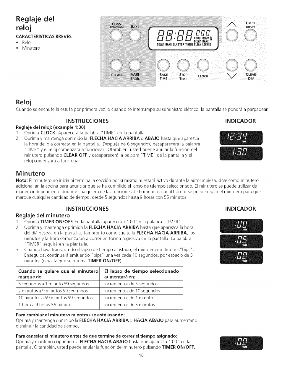 Reglaje del reloj, Reloj, Minutero | Instrucciones reglaje del minutero, Para cambiar el minutero mientras se está usando | Kenmore 790.75503 User Manual | Page 48 / 76