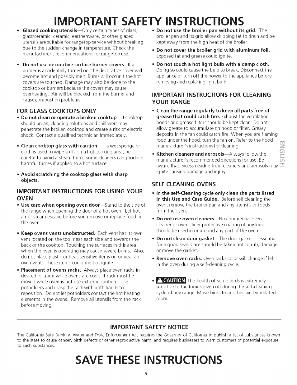 For glass cooktops only, Important instructions for using your oven, Important instructions for cleaning your range | Self cleaning ovens, Important safety notice, Save these instructions, Important safety instructions | Kenmore 790.75503 User Manual | Page 5 / 76