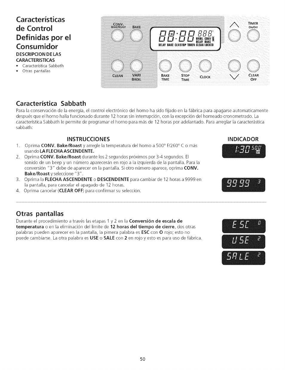 Características de control, Definidas por el consumidor, Característica sabbath | Otras pantallas, Características, De control | Kenmore 790.75503 User Manual | Page 50 / 76