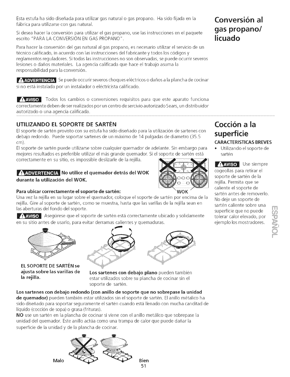 Para ubicar correctamente el soporte de sartén, Utilizando el soporte de sartén, Caracteristicas breves | El soporte de sarten se . ;r, Bien, Conversión al gas propano/ licuado, Cocción a la superficie | Kenmore 790.75503 User Manual | Page 51 / 76