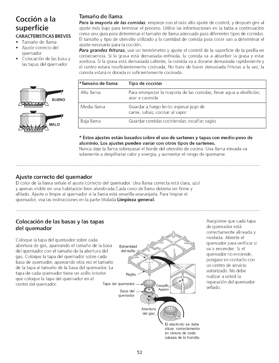 Tamaño de llama, Ajuste correcto del quemador, Colocación de las basas y las tapas del quemador | Cocción a ¡a superficie | Kenmore 790.75503 User Manual | Page 52 / 76