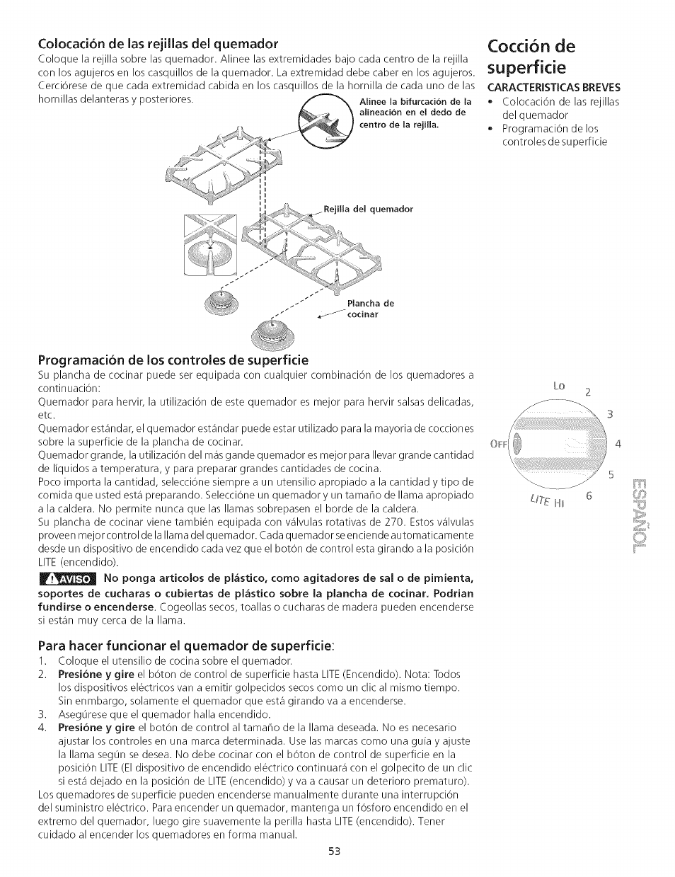 Para hacer funcionar el quemador de superficie, Caracteristicas breves, Cocción de superficie | Kenmore 790.75503 User Manual | Page 53 / 76