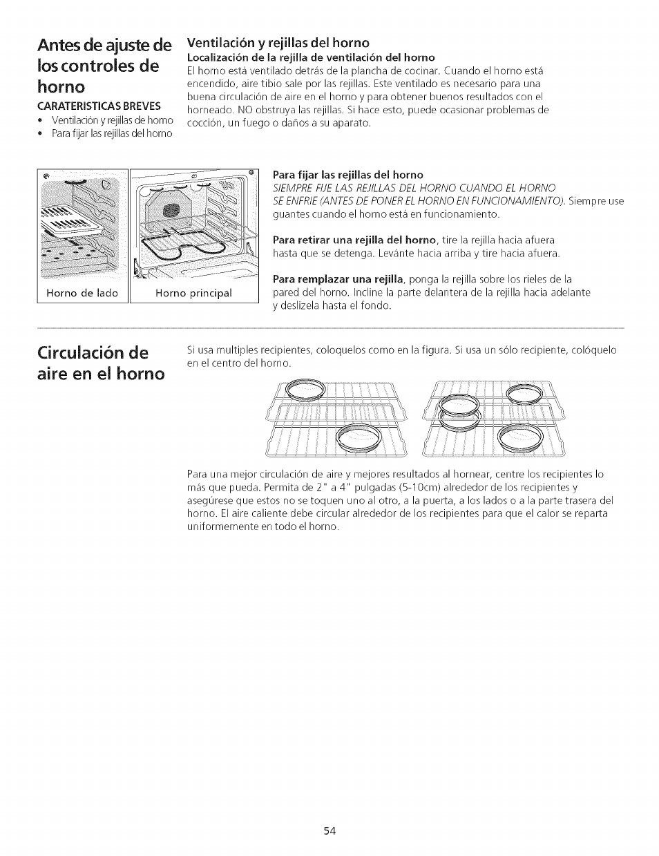 Para fijar las rejillas del horno, Antes de ajuste de ¡os controles de horno, Circulación de aire en el horno | Kenmore 790.75503 User Manual | Page 54 / 76