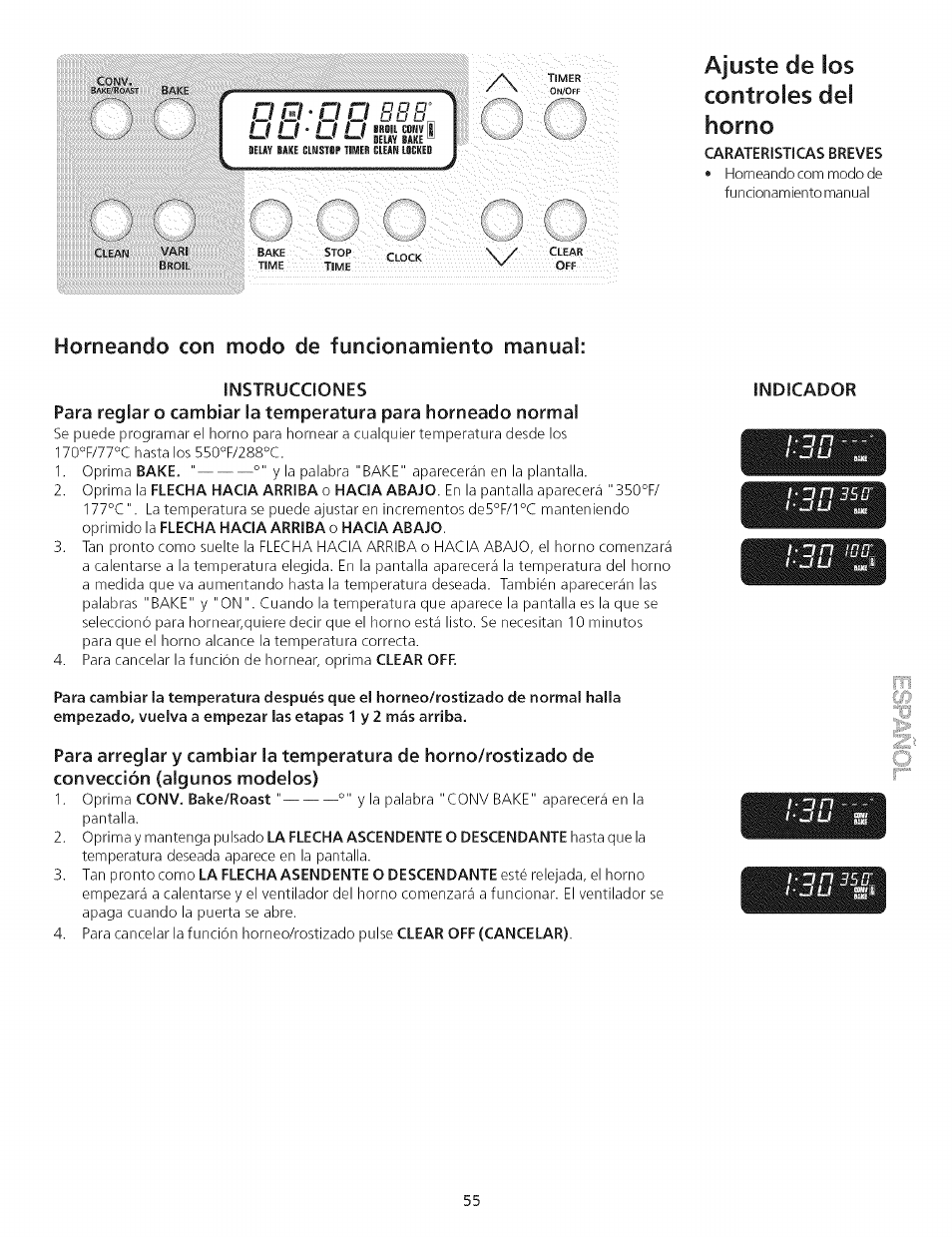 Horneando con modo de funcionamiento manual, Ajuste de ¡os controles del horno, Antes de ajuste de los controles de horno | Kenmore 790.75503 User Manual | Page 55 / 76