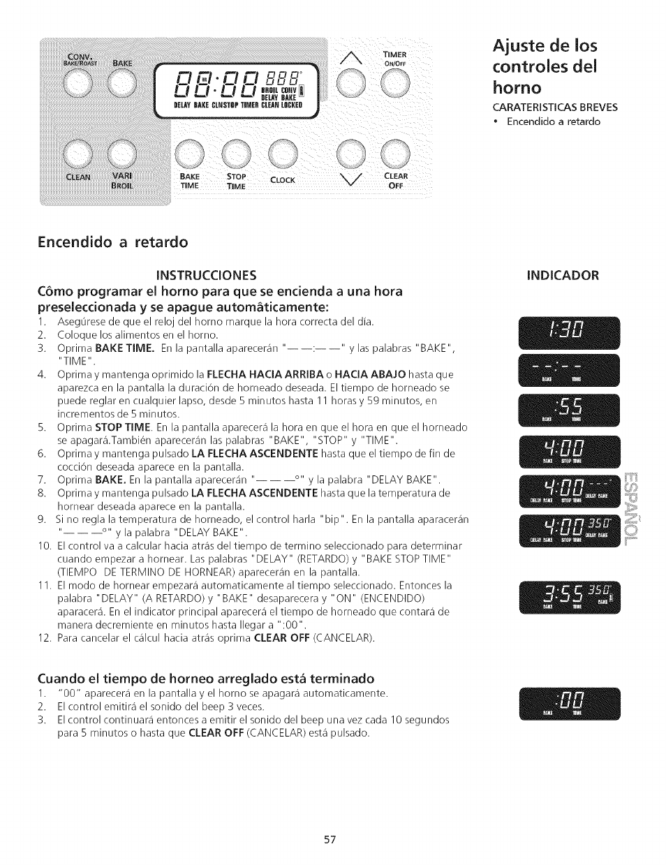 Enceodiclo a retardo, Ajuste de ¡os controles del horno, Indicador | Kenmore 790.75503 User Manual | Page 57 / 76