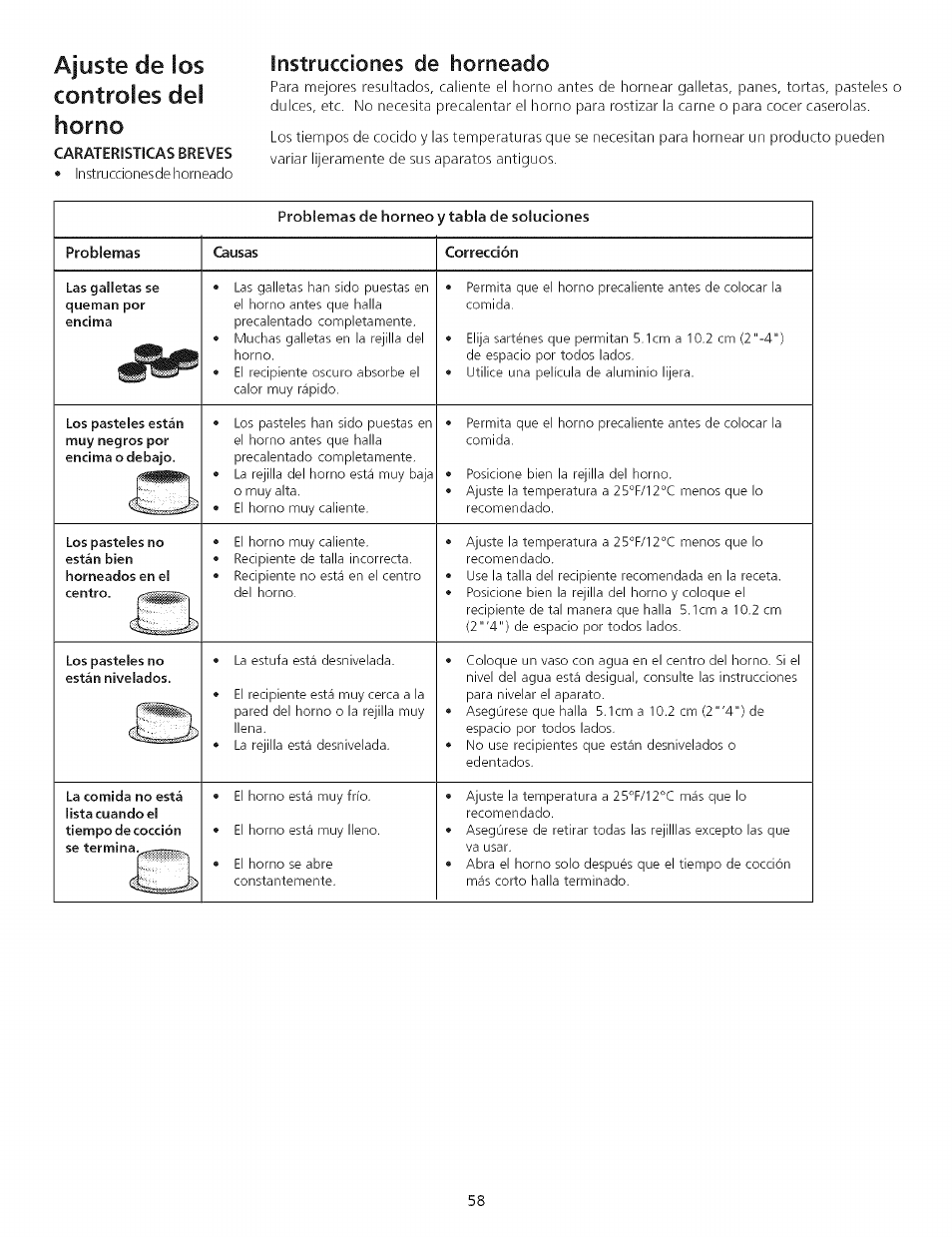 Ajuste de ¡os controles del horno, Instrycciones de horneado, Problemas de horneo y tabla de soluciones | Problemas, Corrección, Instrucciones de horneado | Kenmore 790.75503 User Manual | Page 58 / 76