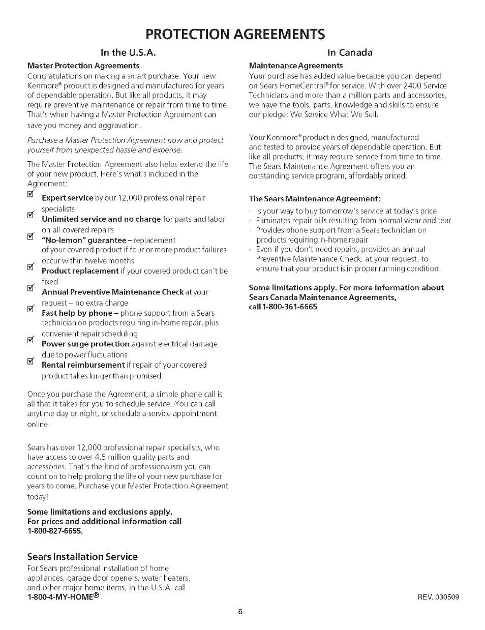 In canada, The sears maintenance agreement, Sears installation service | Protection agreements | Kenmore 790.75503 User Manual | Page 6 / 76