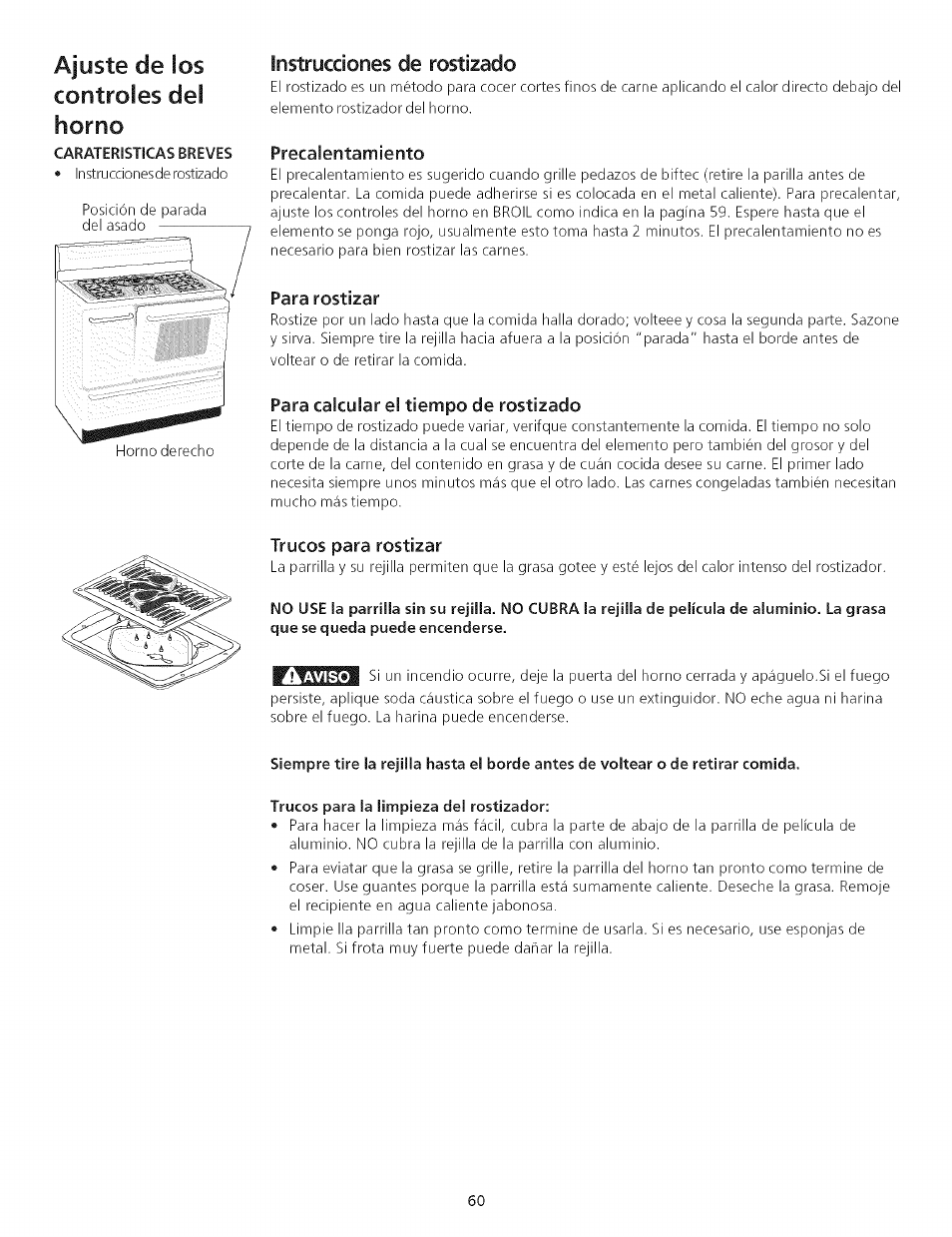 Instrucdones de rostizado, Precalentamiento, Para calcular el tiempo de rostizado | Trucos para la limpieza del rostizador, Ajuste de ¡os controles del horno | Kenmore 790.75503 User Manual | Page 60 / 76