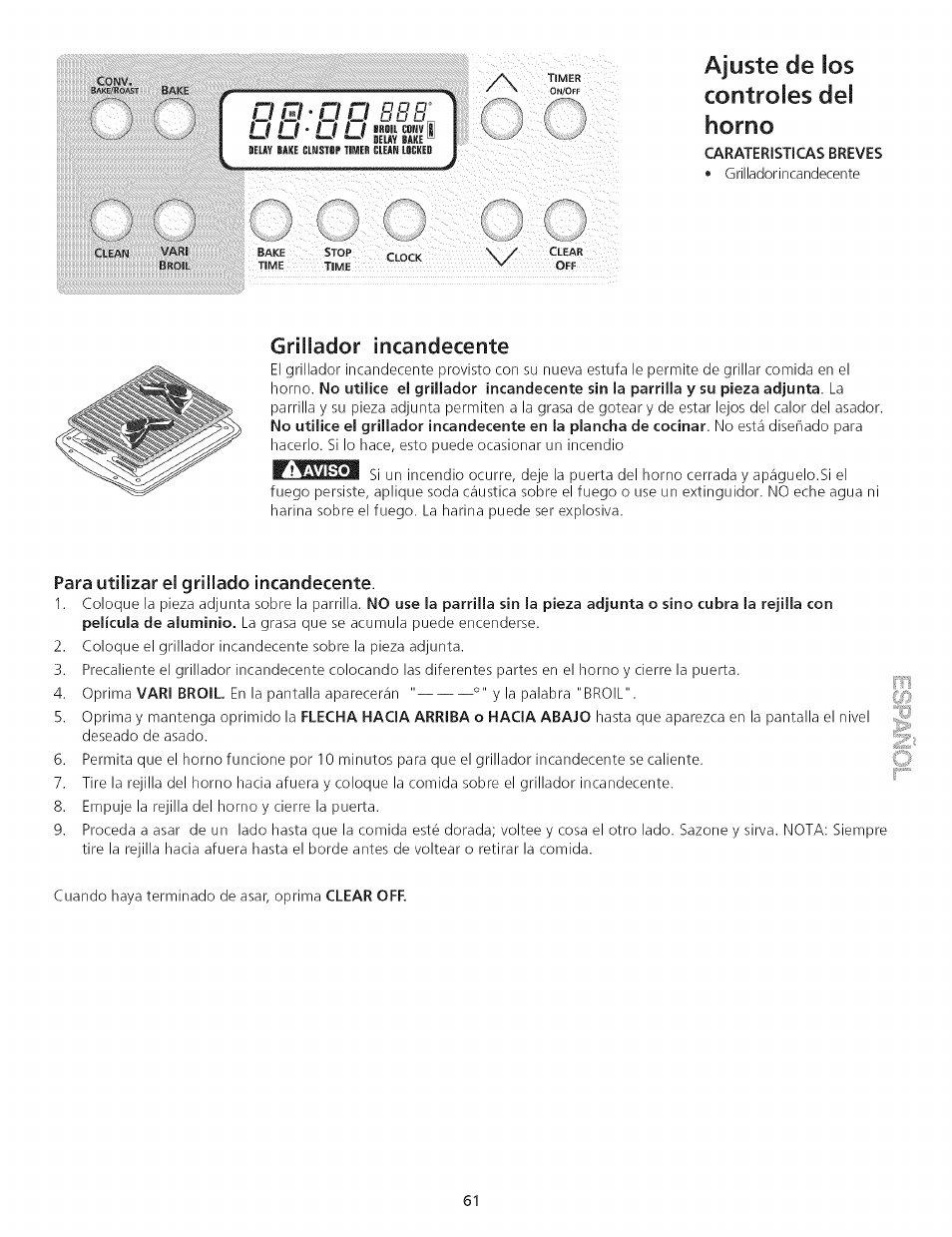 Ajuste de ¡os controles del horno, Gríilador incandecente, Para utilizar el grillado incandecente | Kenmore 790.75503 User Manual | Page 61 / 76