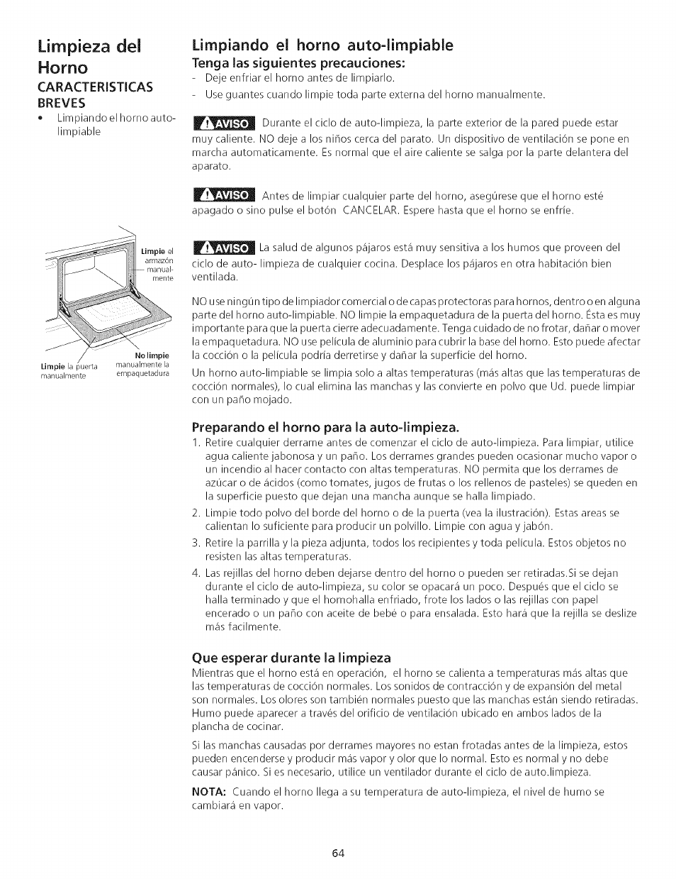 Limpiando el horno auto-limpiable, Preparando el horno para la auto-limpieza, Que esperar durante la limpieza | Horno, Limpieza del | Kenmore 790.75503 User Manual | Page 64 / 76