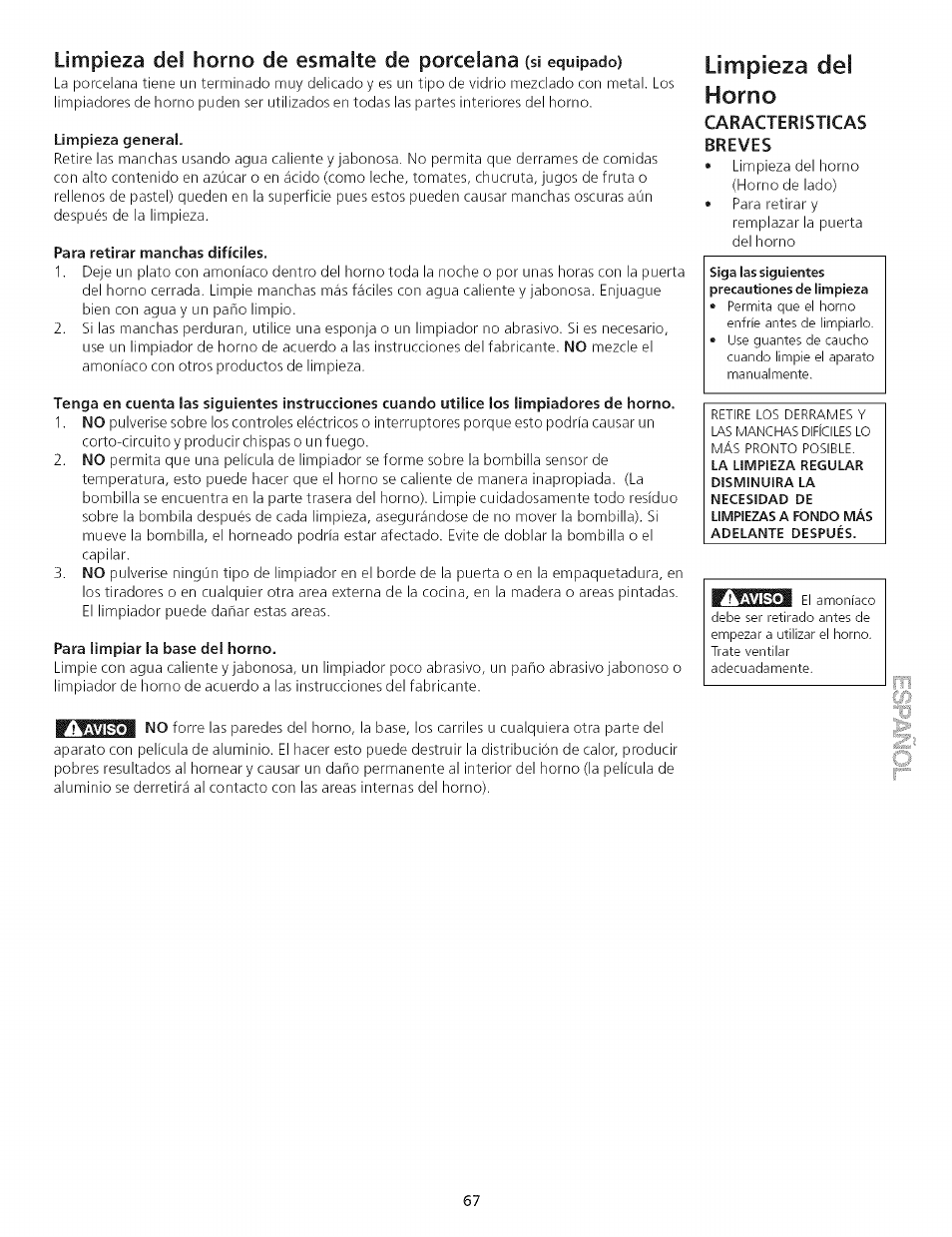 Limpieza general, Para limpiar la base del horno, Caracteristicas | Breves, Limpieza del horno, Caracteristicas breves | Kenmore 790.75503 User Manual | Page 67 / 76