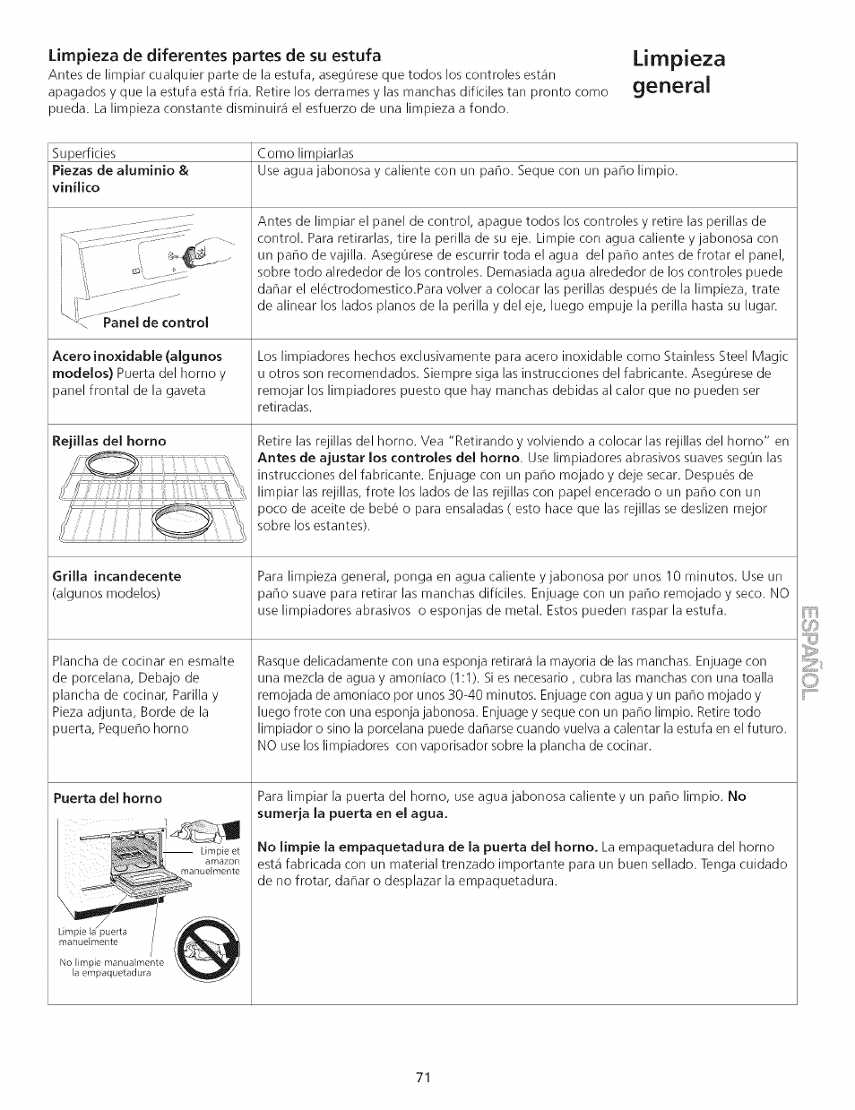 Limpieza de diferentes partes de su estufa, Limpieza general | Kenmore 790.75503 User Manual | Page 71 / 76