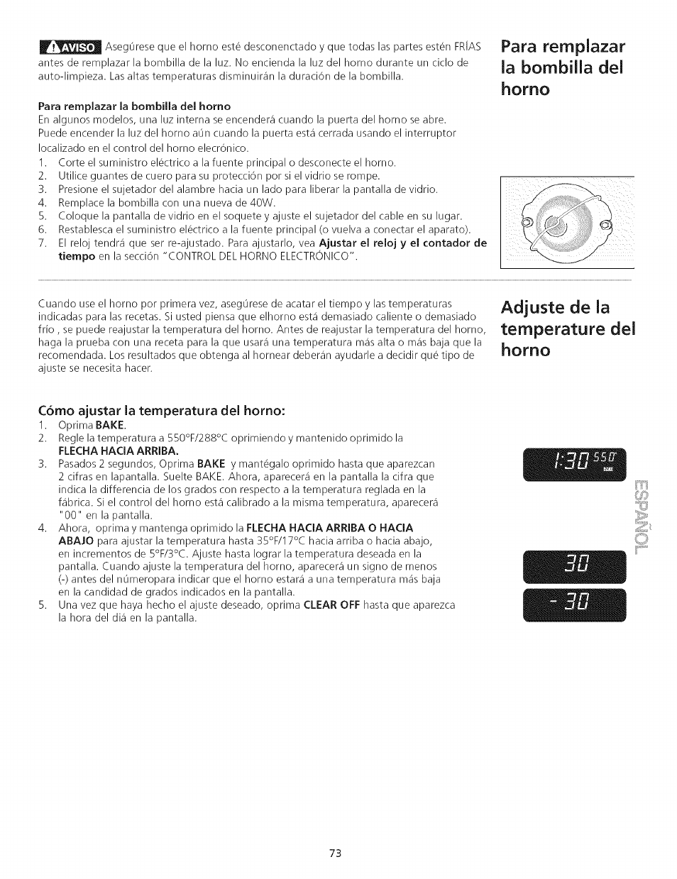 Para remplazar la bombilla del horno, Cómo ajustar la temperatura del horno, Ad juste de la temperature del horno | Kenmore 790.75503 User Manual | Page 73 / 76