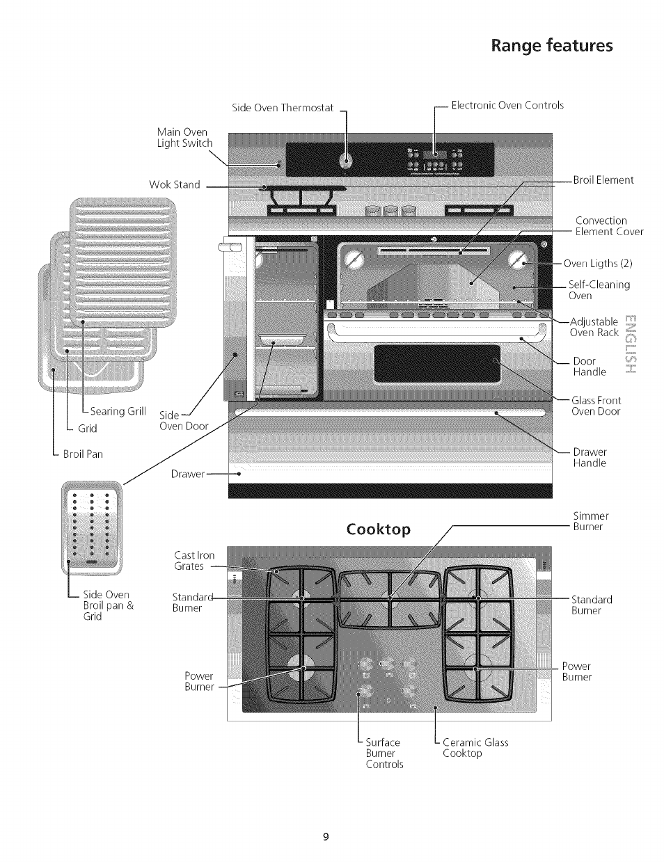 Cooktop, Range features | Kenmore 790.75503 User Manual | Page 9 / 76