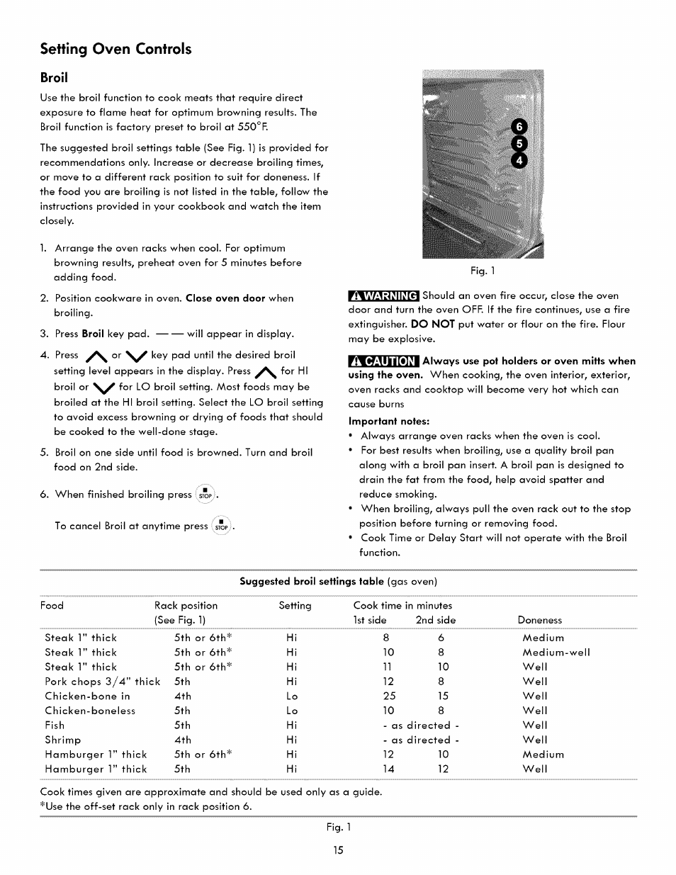 Broil, Setting oven controls, Caution | Kenmore 790. 7260 User Manual | Page 15 / 28