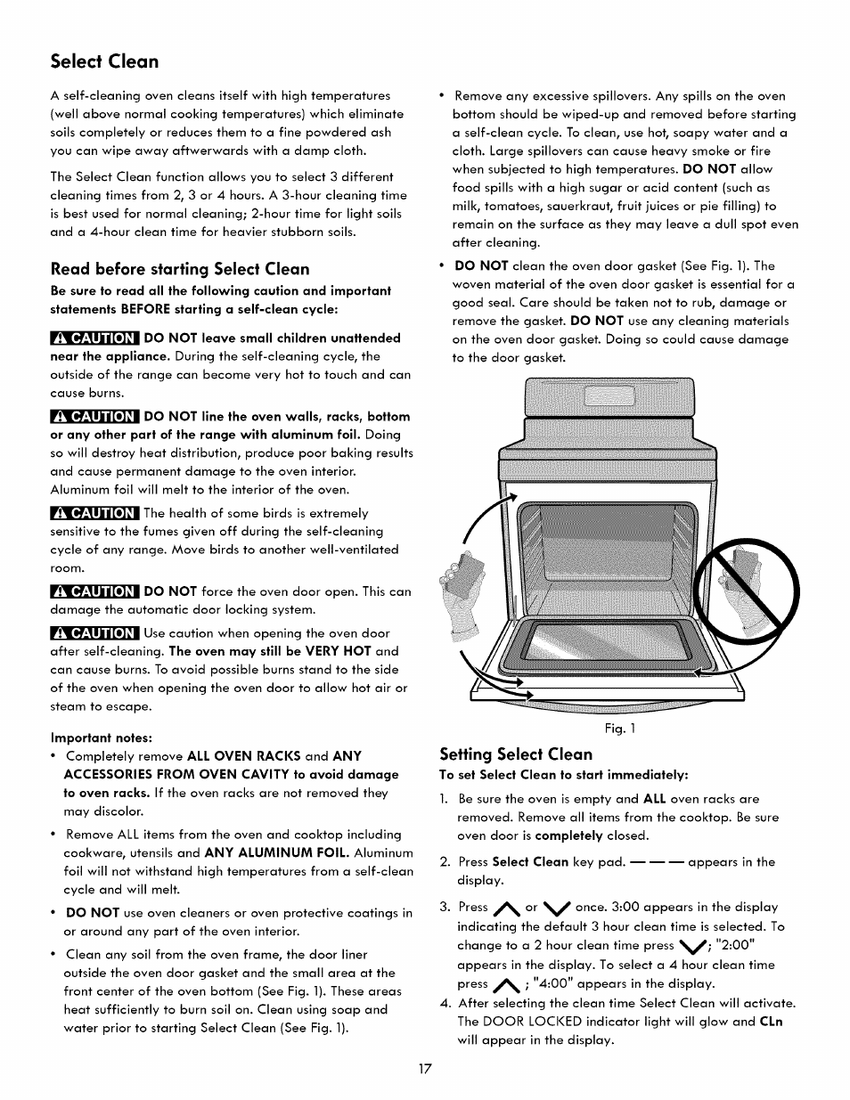 Read before starting select clean, Important notes, Setting select clean | Select clean | Kenmore 790. 7260 User Manual | Page 17 / 28