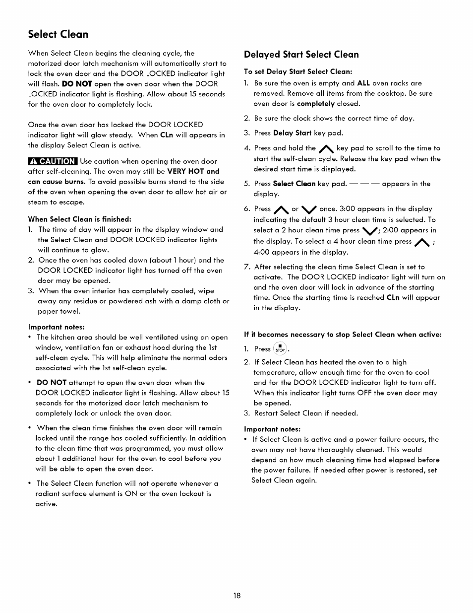 When select clean is finished, Important notes, Delayed start select clean | To set delay start select clean, Select clean | Kenmore 790. 7260 User Manual | Page 18 / 28