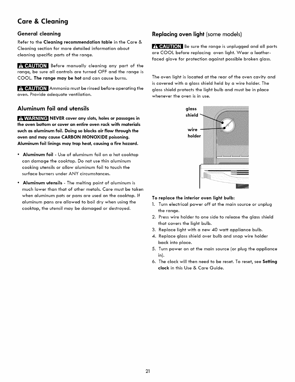 General cleaning, Replacing oven light (some models, Aluminum foil and utensils | To replace the interior oven light bulb, Care & cleaning, Replacing oven light, Some models] a | Kenmore 790. 7260 User Manual | Page 21 / 28