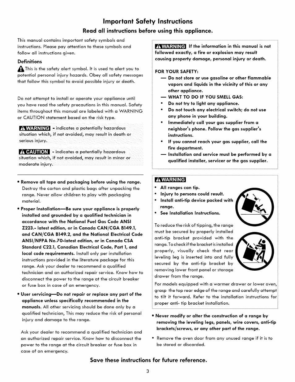 Read all instructions before using this appliance, A warning, Important safety instructions | Save these instructions for future reference | Kenmore 790. 7260 User Manual | Page 3 / 28