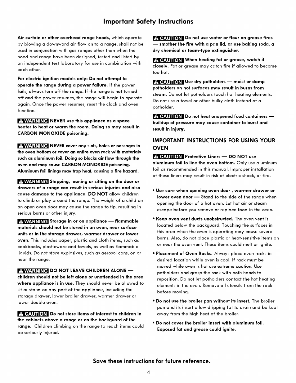 Important instructions for using your oven, Important safety instructions, Save these instructions for future reference | Kenmore 790. 7260 User Manual | Page 4 / 28