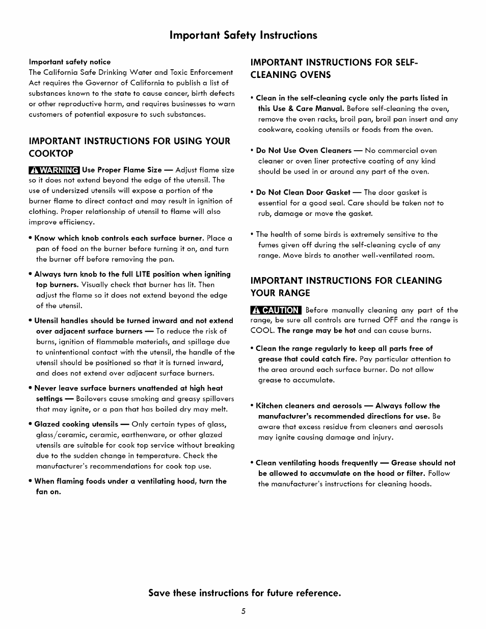 Important safety notice, Important instructions for using your cooktop, Important instructions for selfcleaning ovens | Important instructions for cleaning your range, Important safety instructions -6, Important safety instructions, Important instructions for self­ cleaning ovens, Save these instructions for future reference | Kenmore 790. 7260 User Manual | Page 5 / 28
