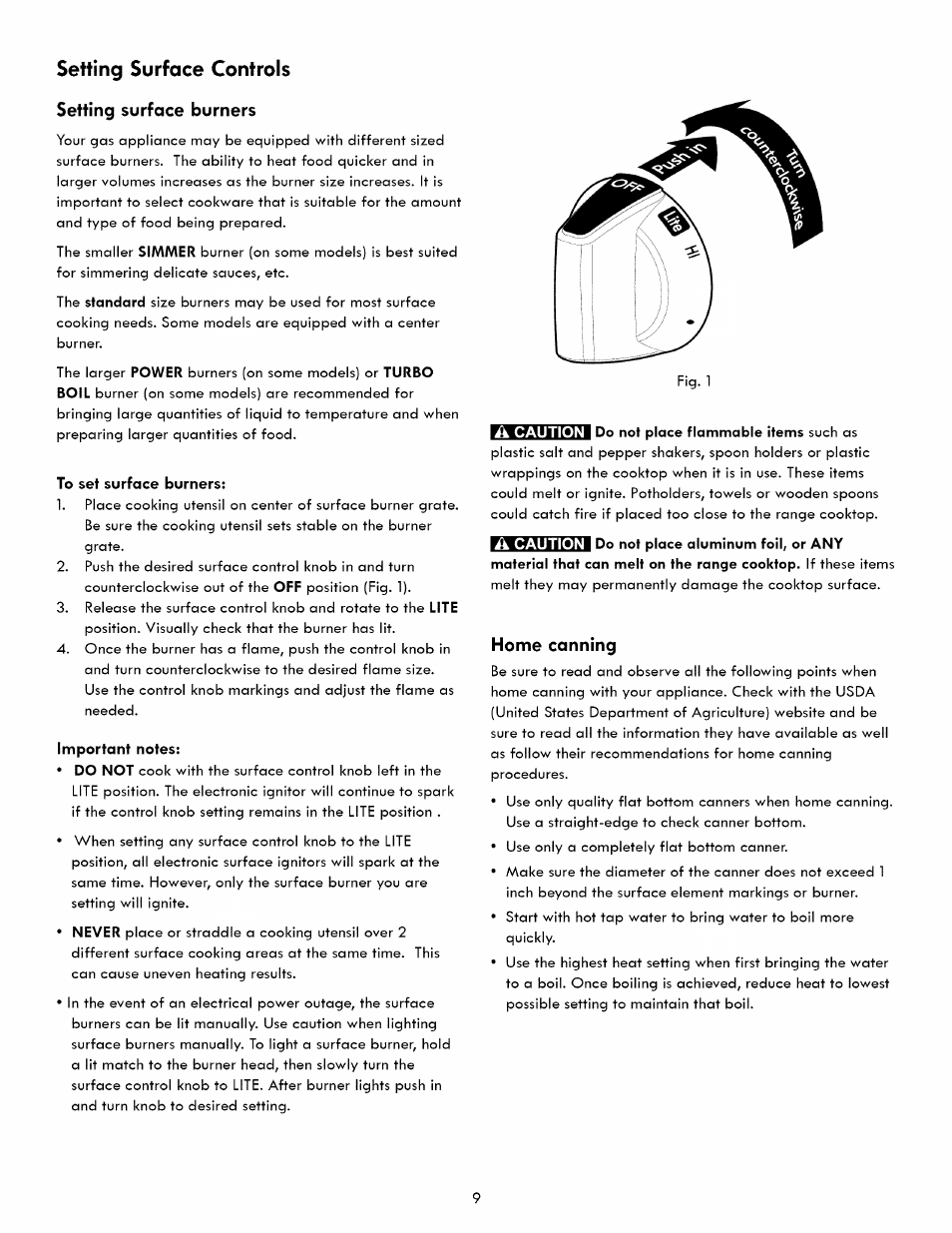 Setting surface burners, To set surface burners, Important notes | Home canning, Setting surface controls | Kenmore 790. 7260 User Manual | Page 9 / 28