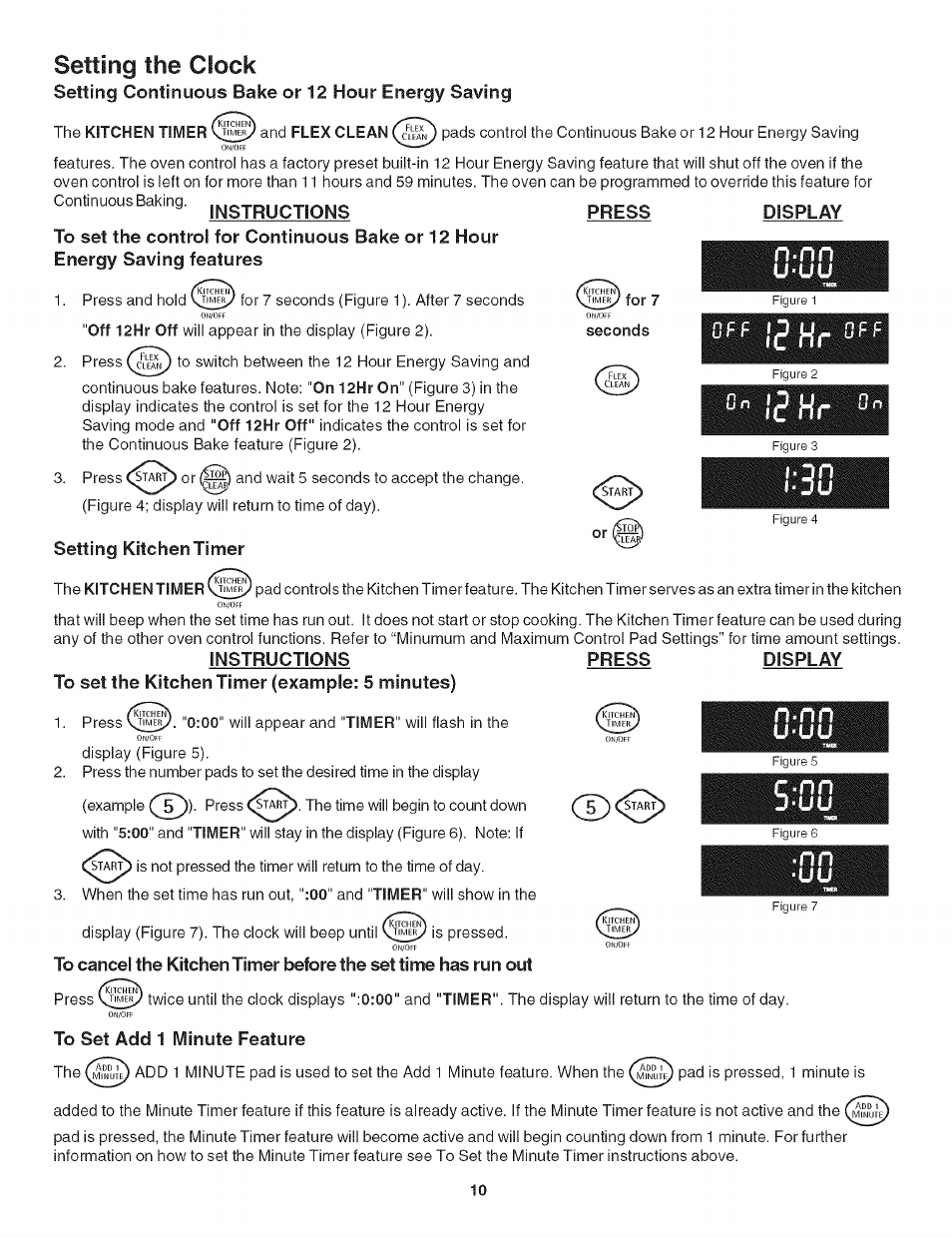 Instructions, Setting kitchen timer, To set the kitchen timer (example: 5 minutes) | Press, Cd<3, Display, U-uu, To set add 1 minute feature, Setting the clock | Kenmore 790.4906 User Manual | Page 10 / 34