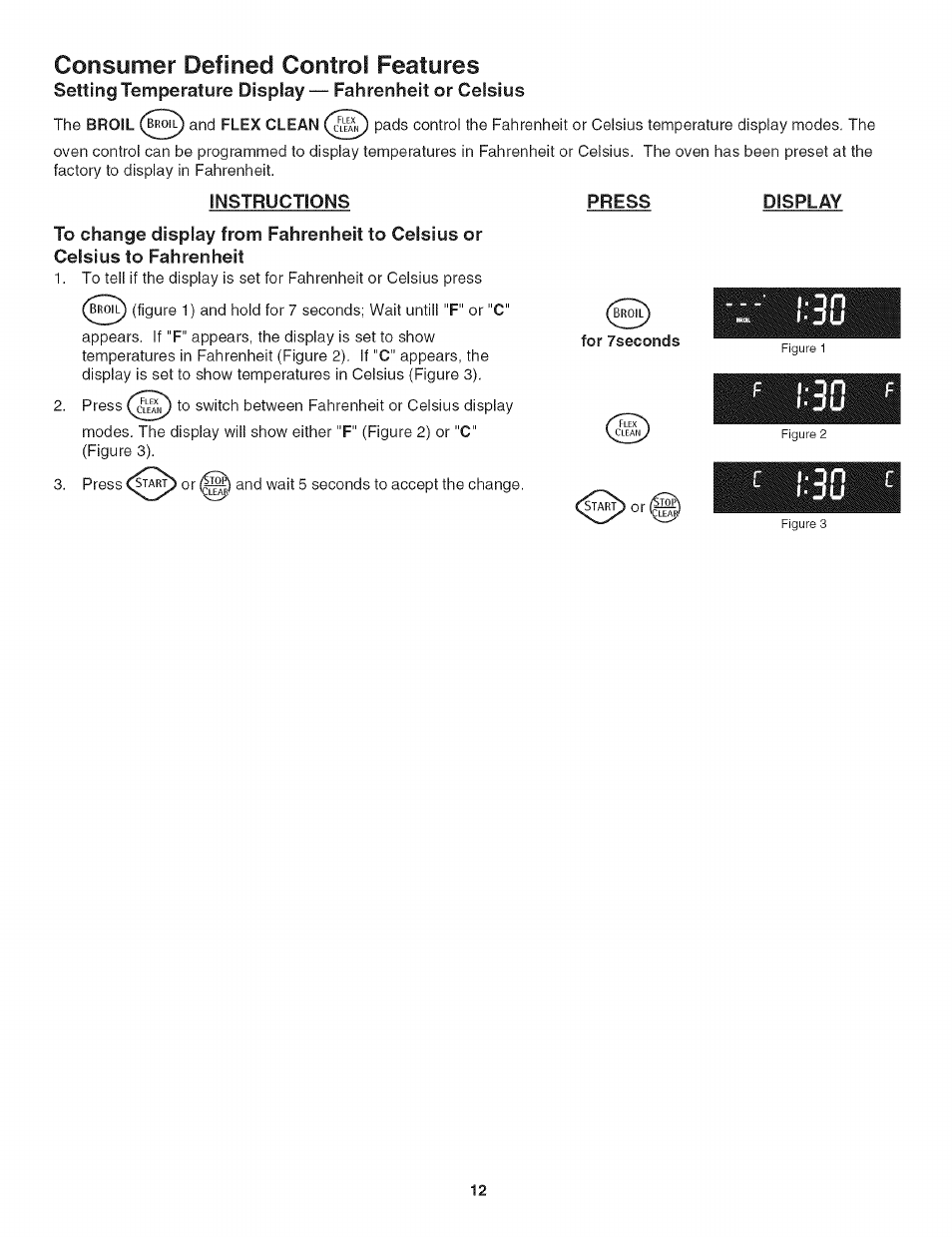 Consumer defined control features, Instructions, Press | Display | Kenmore 790.4906 User Manual | Page 12 / 34