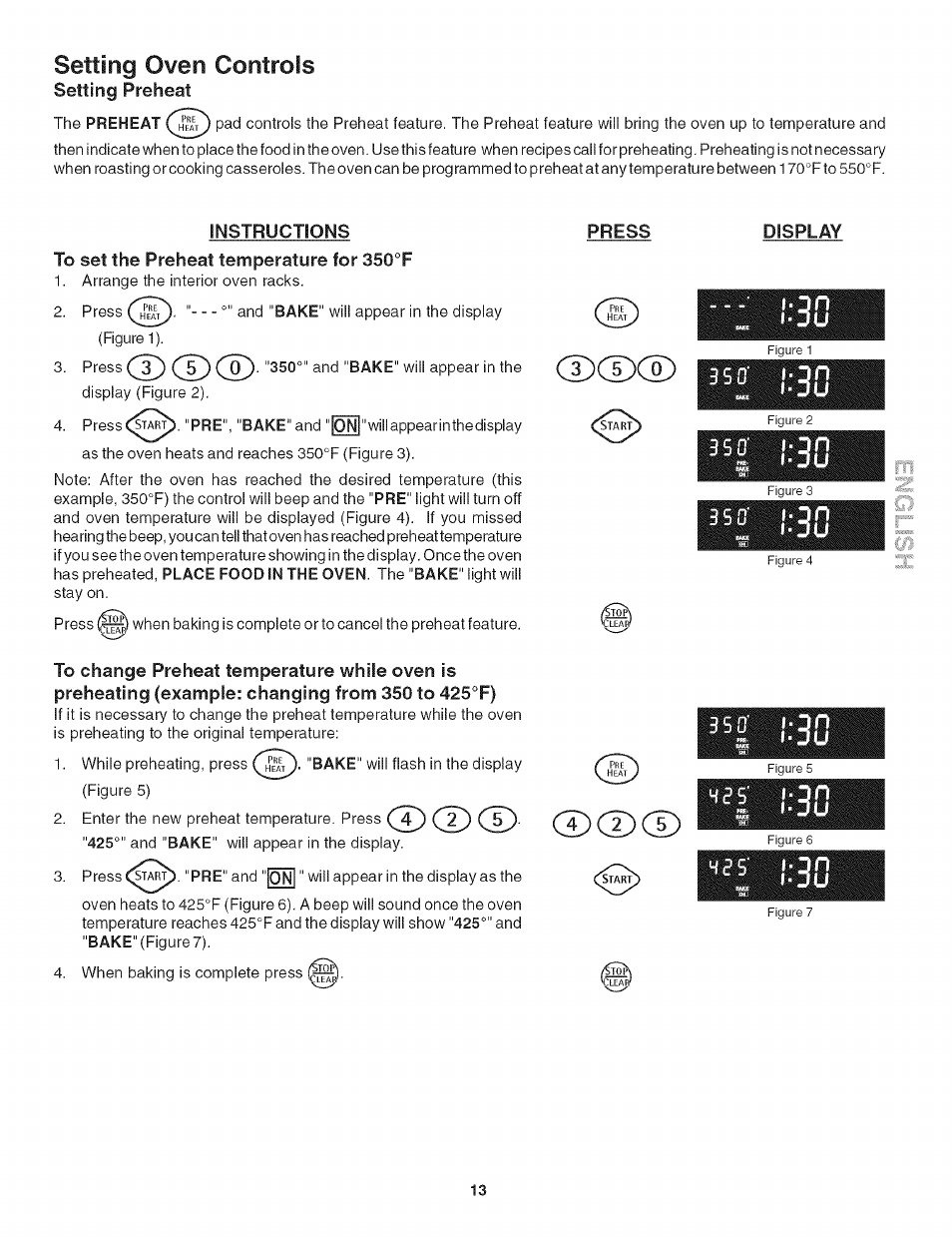 Instructions, To set the preheat temperature for 350“f, Press | Display, Cdcdcd, Lili, Cd dxo), Setting oven controls | Kenmore 790.4906 User Manual | Page 13 / 34