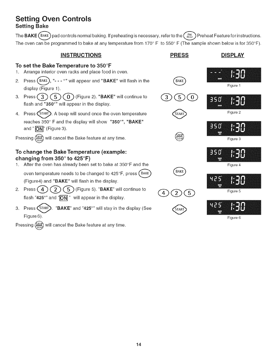 Instructions, To set the bake temperature to 350°f, Press | Display, Cd cd, Cd cd cd, Setting oven controls | Kenmore 790.4906 User Manual | Page 14 / 34