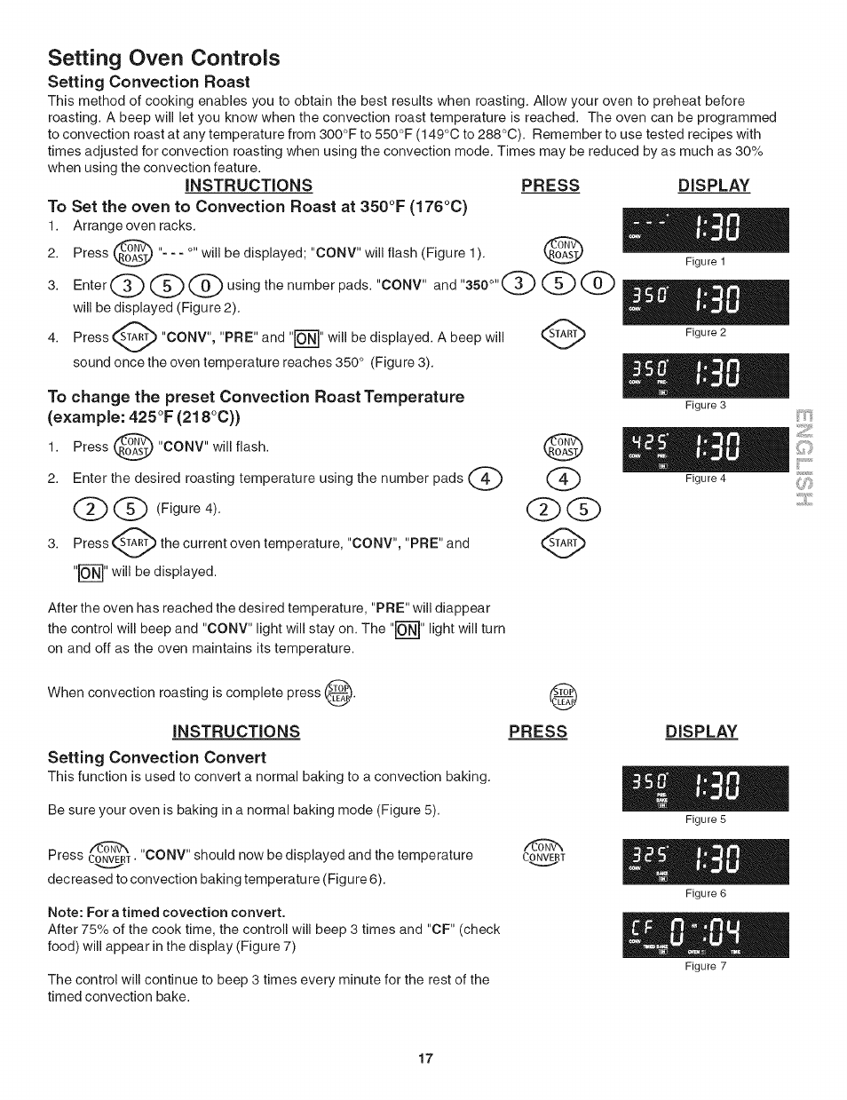 Setting oven controls, Setting convection roast, Instructions press display | Instructions setting convection convert, Display, Setting the oven controls -13 | Kenmore 790.4906 User Manual | Page 17 / 34