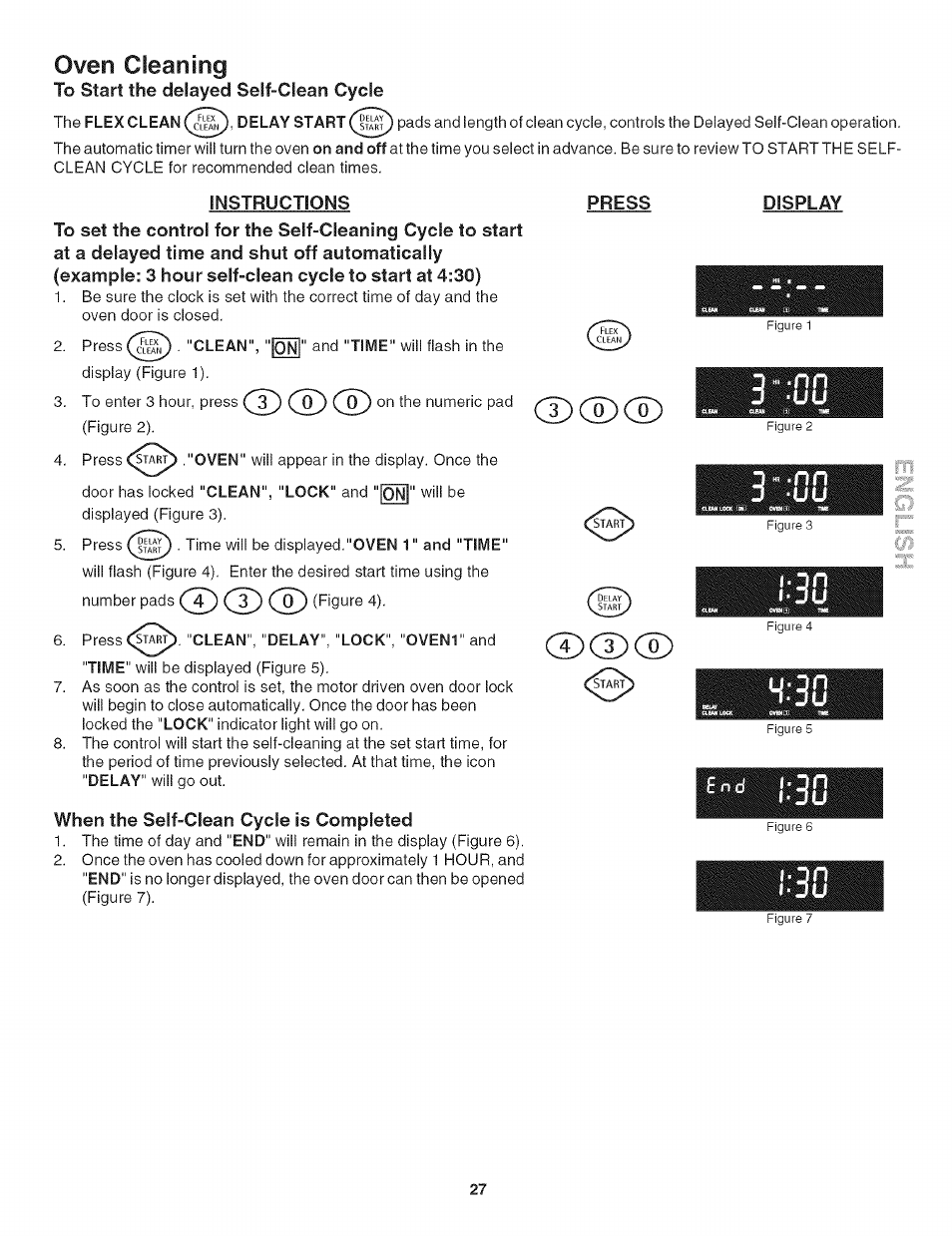 Instructions, Press, When the self-clean cycle is completed | Display, Oven cleaning | Kenmore 790.4906 User Manual | Page 27 / 34