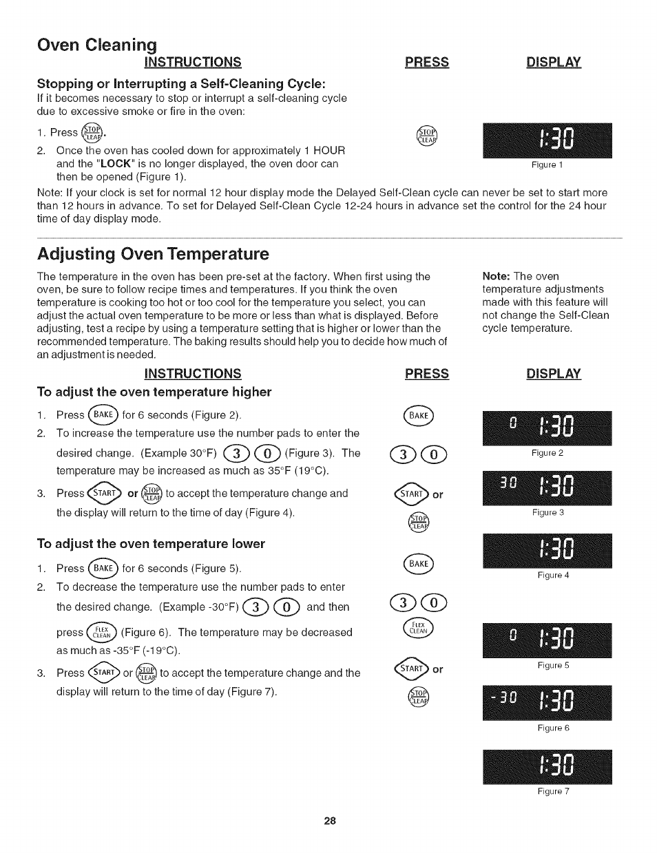 Oven cleaning, Stopping or interrupting a self-cleaning cycle, Adjusting oven temperature | Instructions, To adjust the oven temperature higher, Press, Display, To adjust the oven temperature lower, Adjusting the oven temperature | Kenmore 790.4906 User Manual | Page 28 / 34