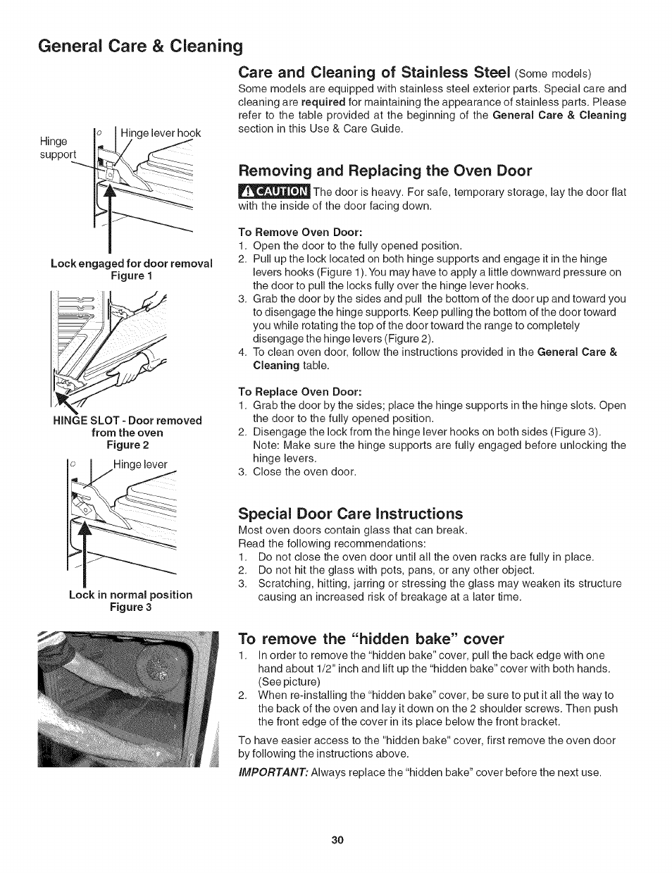 Generai care & cleaning, Care and cleaning of stainless steel (some models), Removing and replacing the oven door | Â caution, Special door care instructions, To remove the “hidden bake” cover, General care & cleaning -22, Care and cleaning of stainless steel, Hidden bake” cover | Kenmore 790.4906 User Manual | Page 30 / 34