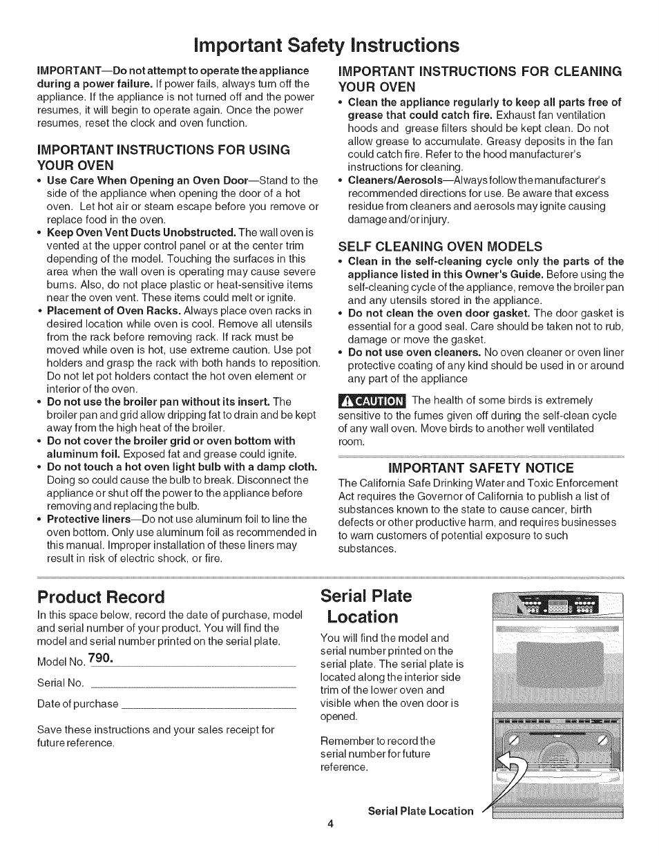 Important instructions for using your oven, Important instructions for cleaning your oven, Self cleaning oven models | Important safety notice, Product record, Serial plate location, Important safety instructions | Kenmore 790.4906 User Manual | Page 4 / 34