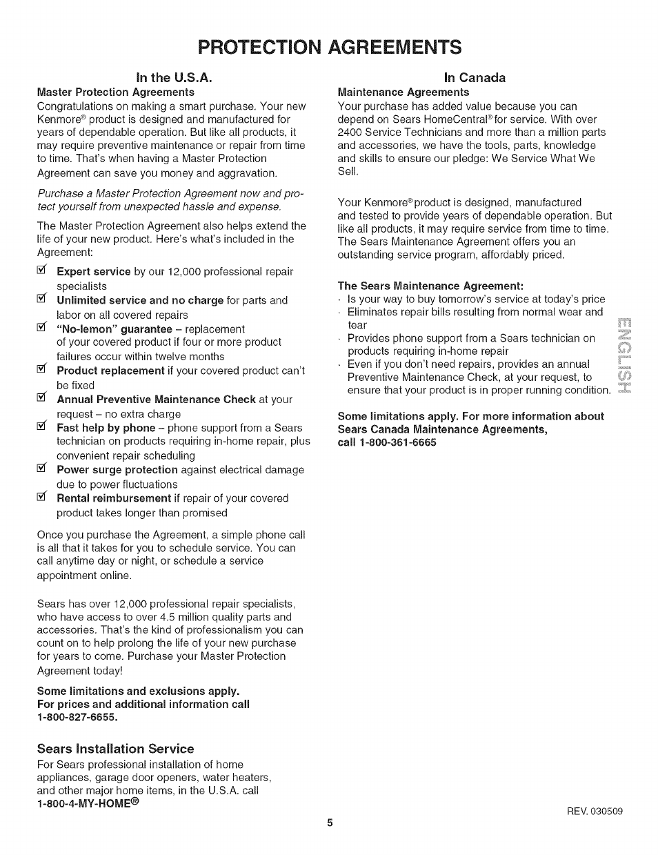 In the u.s.a, In canada, Sears installation service | Protection agreeivients | Kenmore 790.4906 User Manual | Page 5 / 34