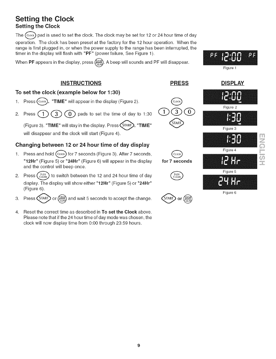 Instructions, To set the clock (example below for 1:30), Press | Changing between 12 or 24 hour time of day display, Display, Setting the clock, Bhhr | Kenmore 790.4906 User Manual | Page 9 / 34