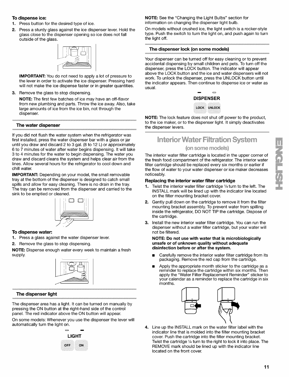 To dispense ice, The water dispenser, The dispenser light | The dispenser lock (on some models) | Kenmore 2220698 User Manual | Page 11 / 23