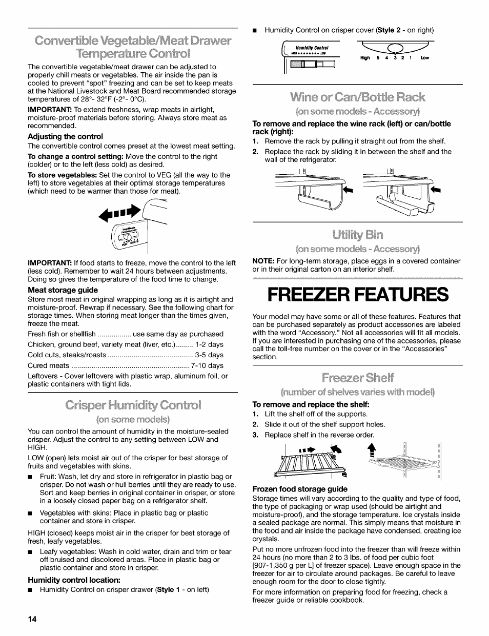 Freezer features, To remove and replace the shelf, Frozen food storage guide | Kenmore 2220698 User Manual | Page 14 / 23