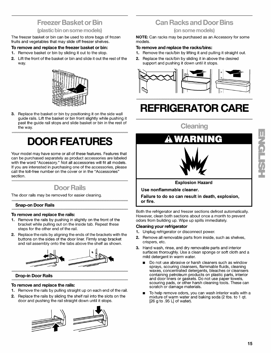 Door features, Snap-on door rails, To remove and replace the rails | Refrigerator care, Awarning | Kenmore 2220698 User Manual | Page 15 / 23