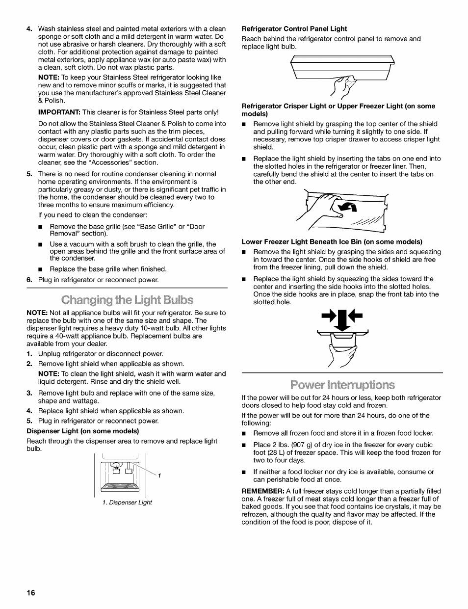 Changing the light bulbs | Kenmore 2220698 User Manual | Page 16 / 23