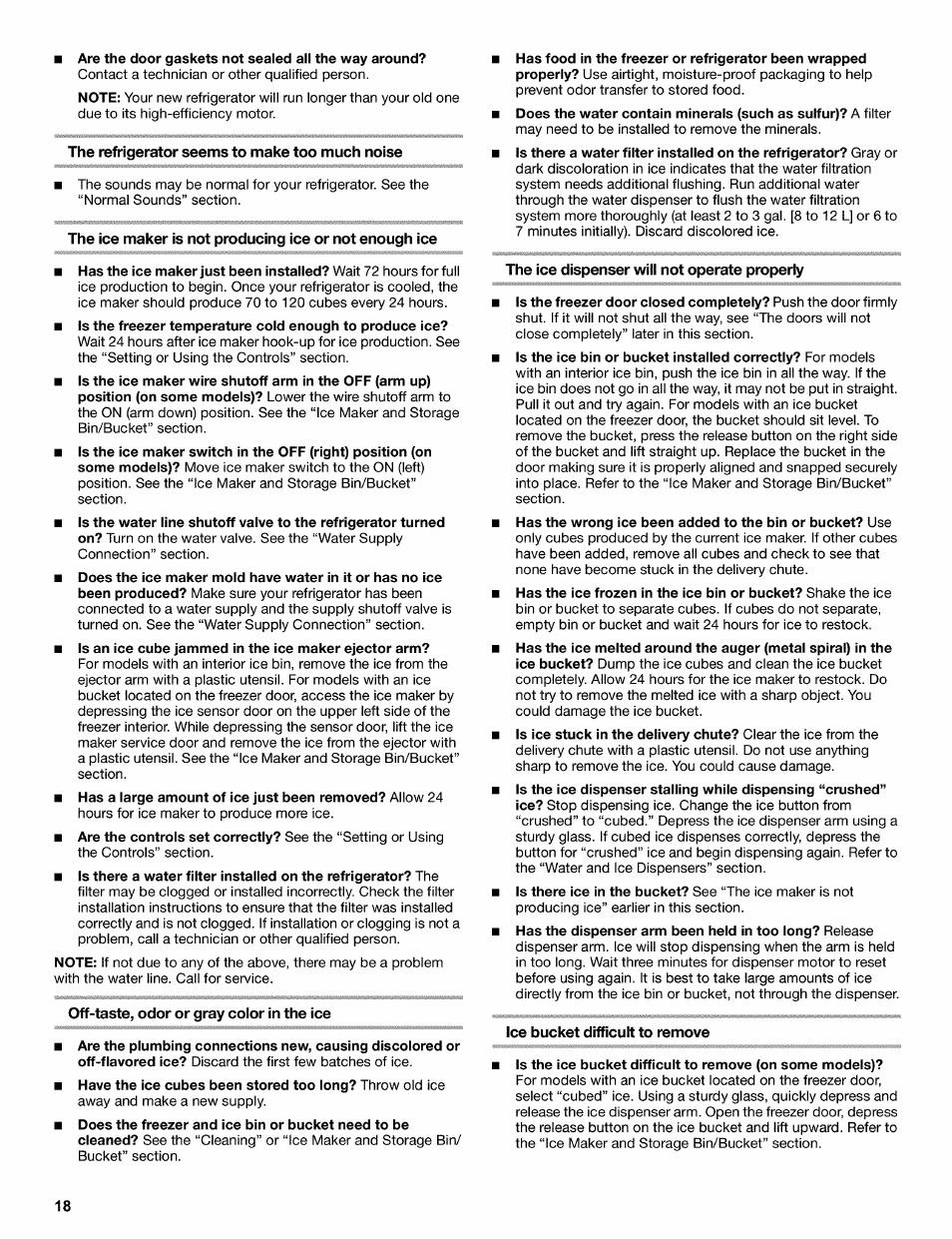 The refrigerator seems to make too much noise, Off-taste, odor or gray color in the ice, The ice dispenser will not operate properly | Ice bucket difficult to remove | Kenmore 2220698 User Manual | Page 18 / 23