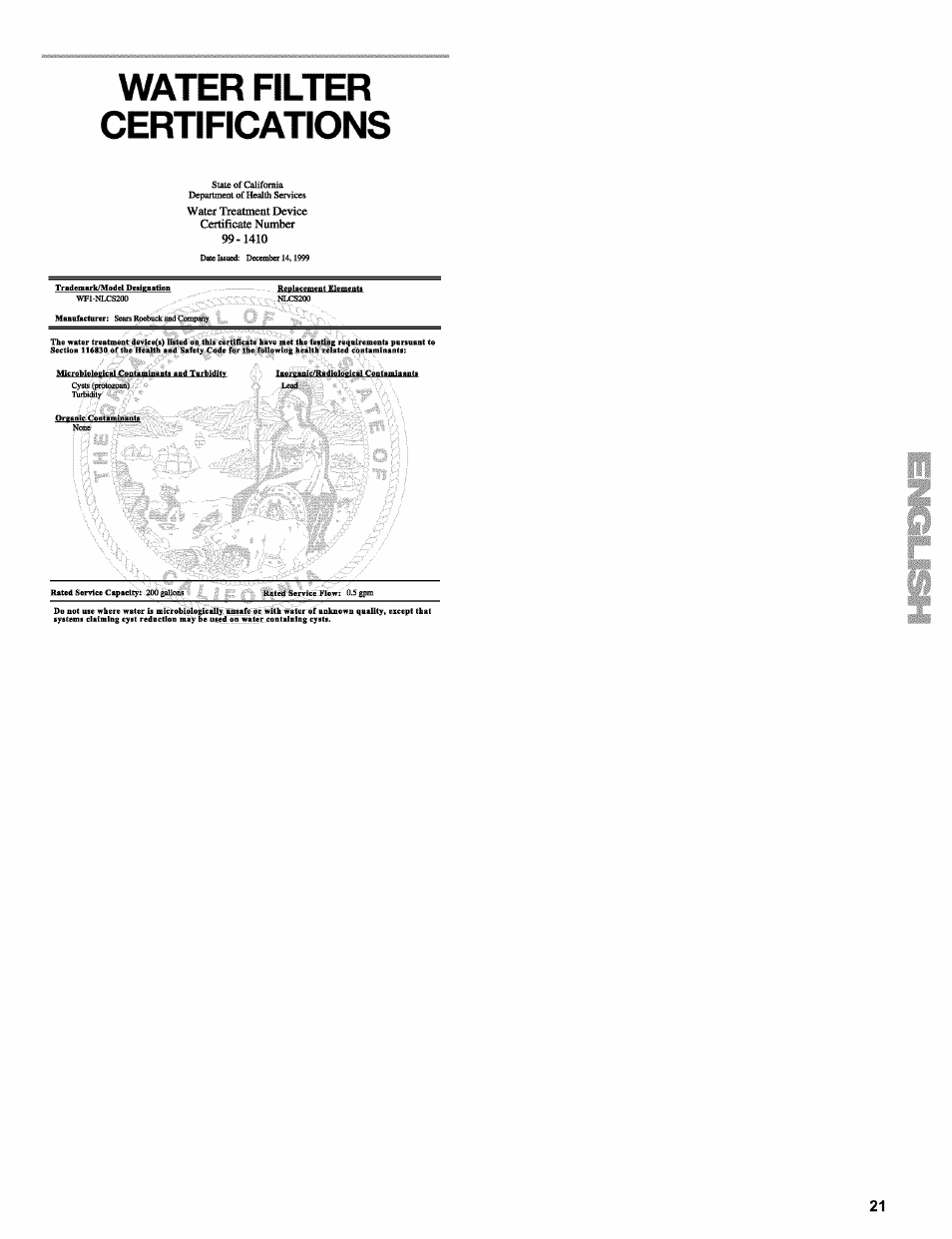 Water filter certifications | Kenmore 2220698 User Manual | Page 21 / 23