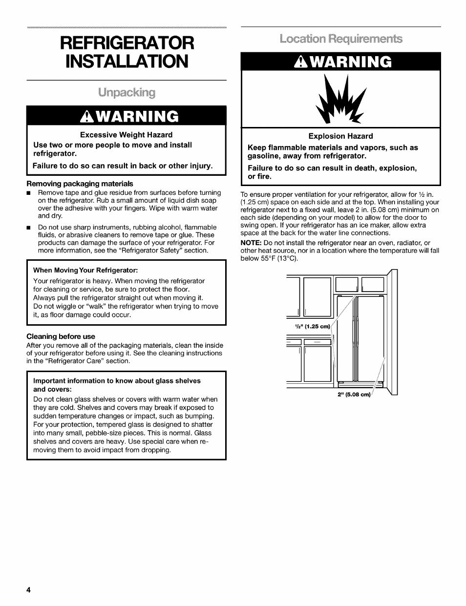 Refrigerator, Installation, Removing packaging materials | Cleaning before use, Refrigerator installation, Awarning, Ijnpackli | Kenmore 2220698 User Manual | Page 4 / 23