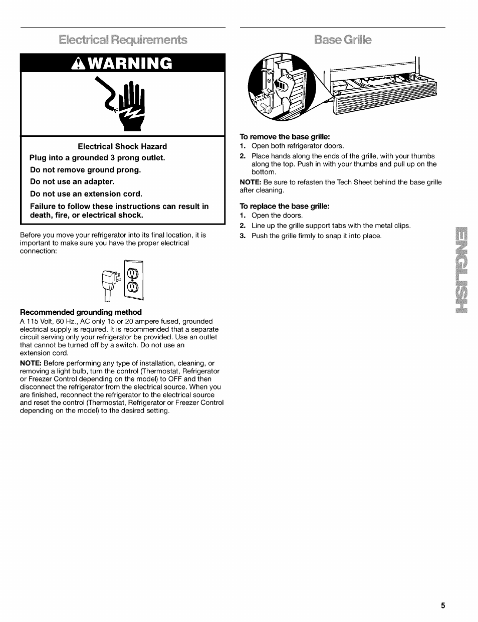 To remove the base grille, To replace the base grille, Recommended grounding method | Warning | Kenmore 2220698 User Manual | Page 5 / 23